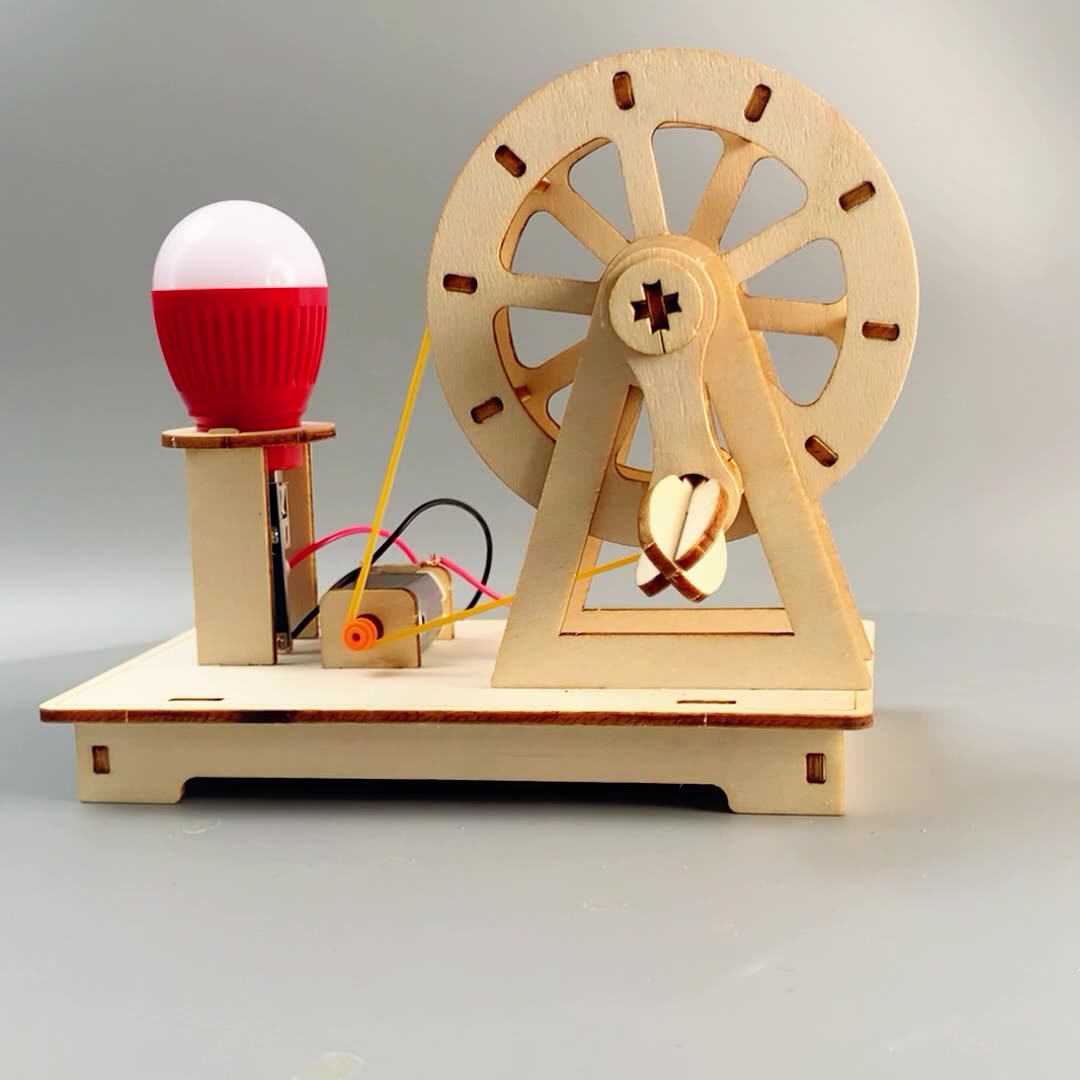 Close-up of the wooden gears and motor in the DIY generator kit.