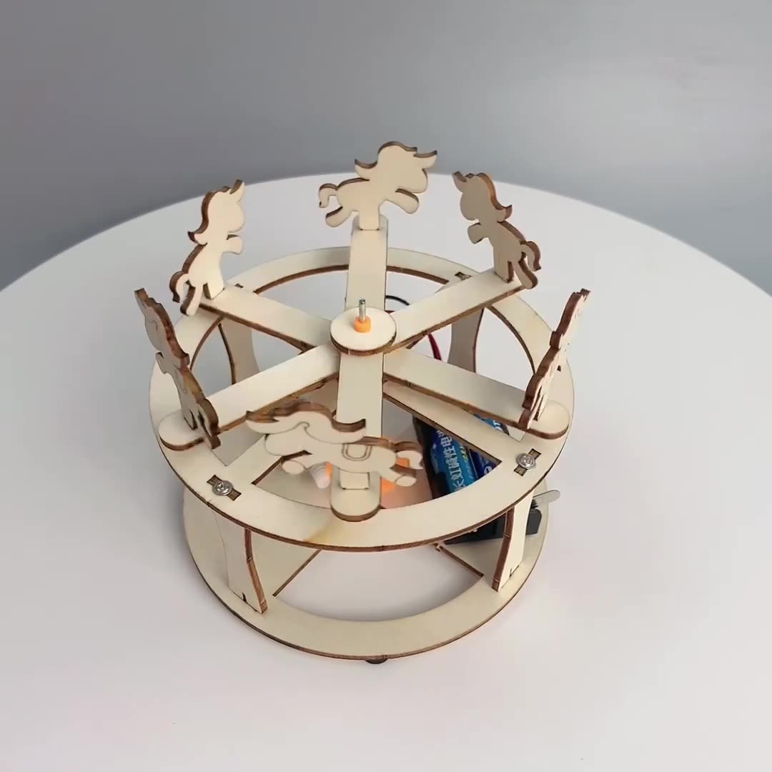 Close-up of a wooden animal figure on the DIY Carousel Kit, showcasing the laser-cut design.