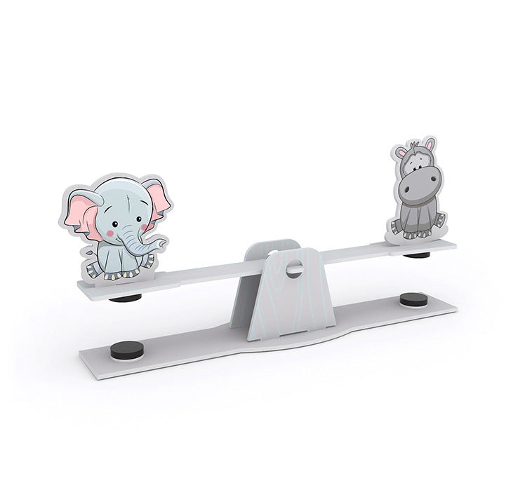 DIY Seesaw Kit featuring cute elephant and hippopotamus characters on a balanced seesaw. Fun and educational craft for kids.
