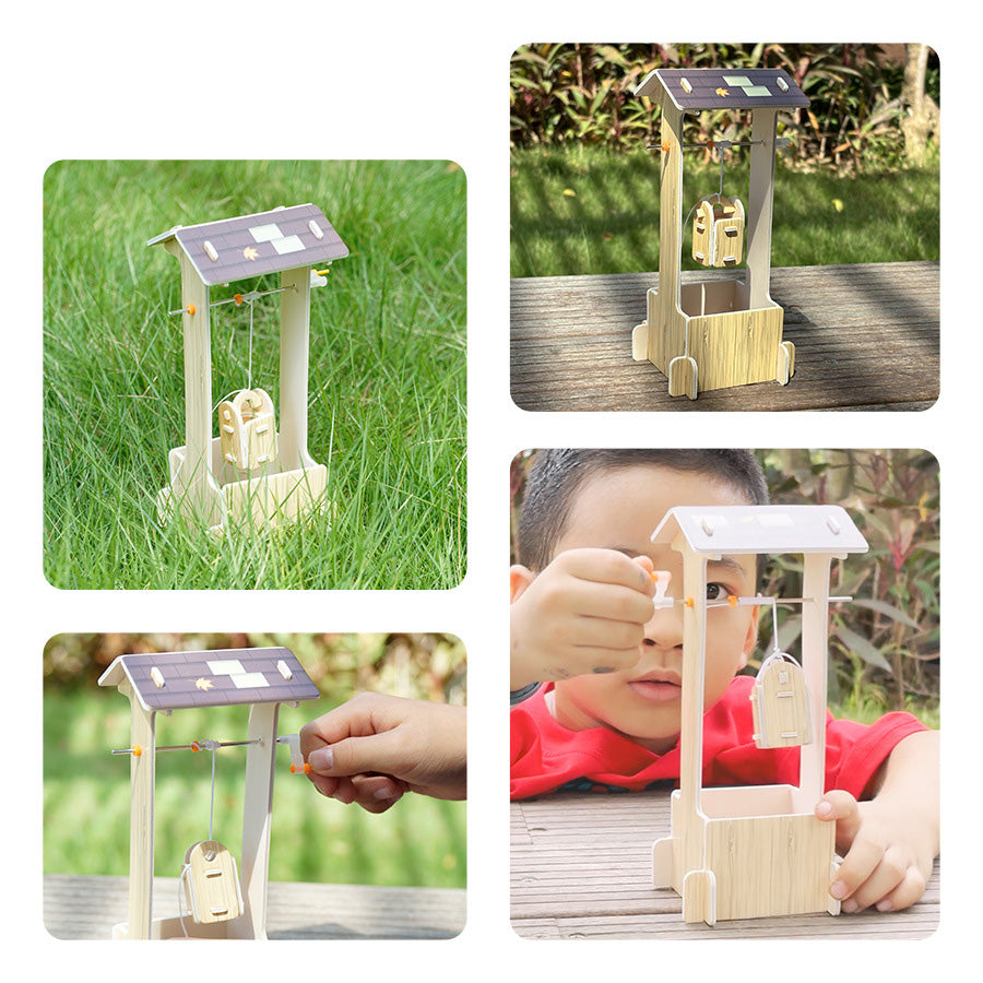 Detailed view of the assembled wooden Well Sweep Kit, a hands-on educational toy.