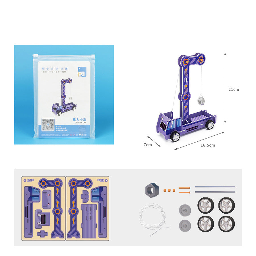 Components of the DIY Gravity-Powered Car Kit: pre-cut cardboard pieces, wheels, axles, string, and fasteners for hands-on learning.