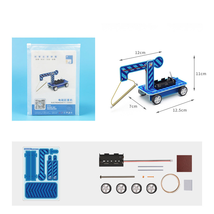 Unboxing the Electromagnetic Launcher Kit: Cardboard pieces, electronic components, and building materials.