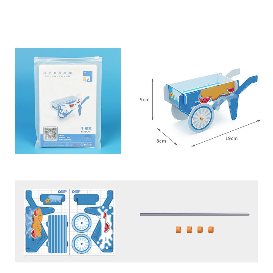 DIY Handcart Kit Contents: Pre-cut cardboard sheets with fun summer designs, metal axle, and plastic spacers for building a toy wheelbarrow.