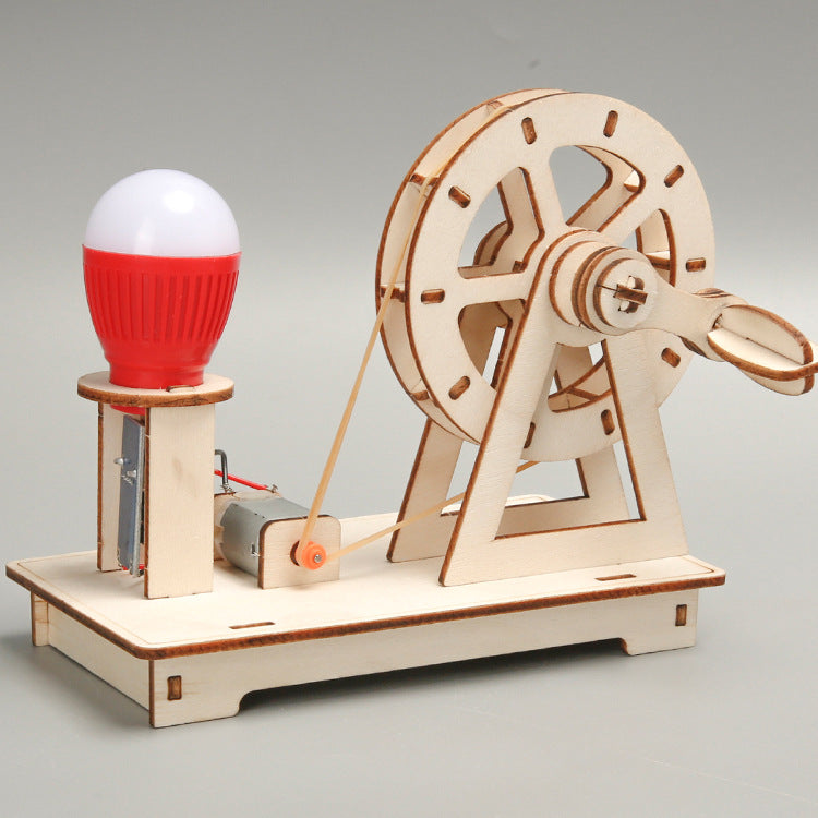 Child-friendly wooden hand-crank generator science kit for STEM education.