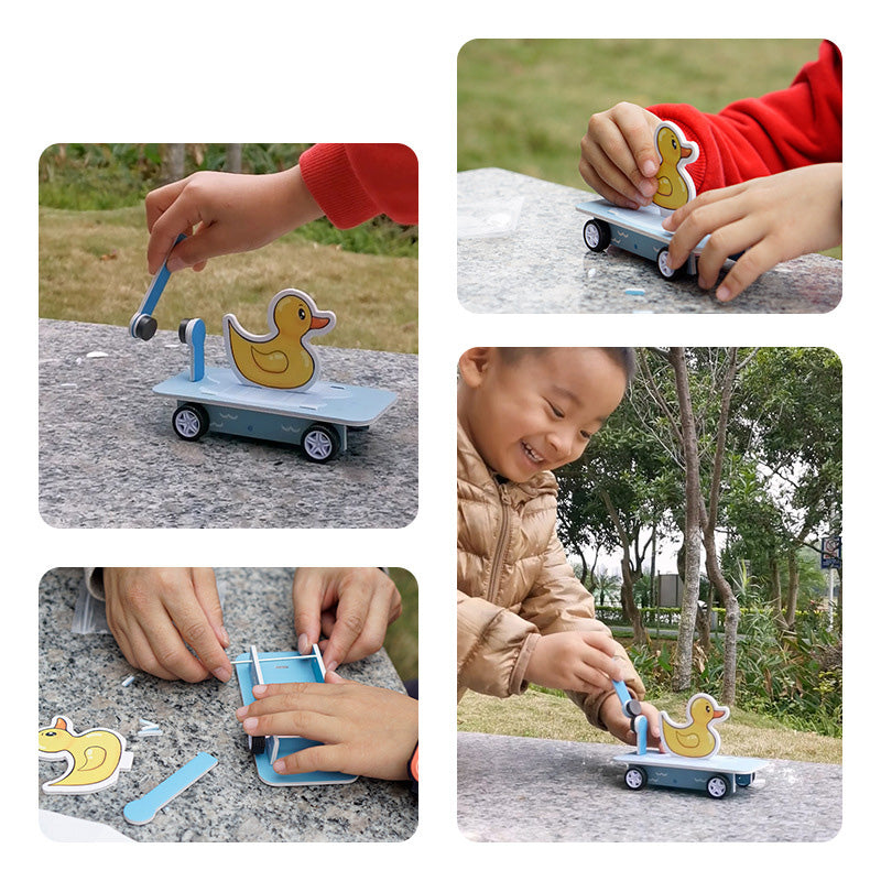 Completed DIY Magnetic Toy Skateboard with a cute duck figure. Educational and fun!