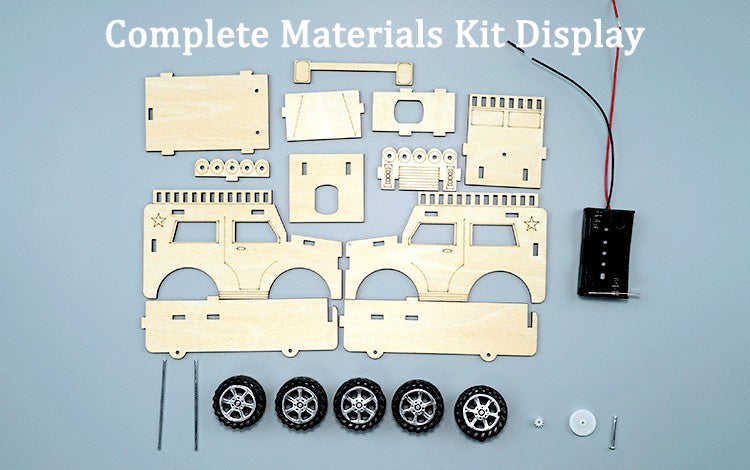 Complete DIY Steel Jeep Kit components: Laser-cut wood, wheels, battery case, hardware.