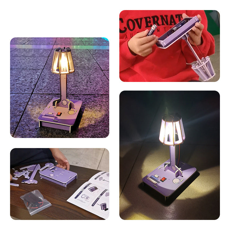 Finished DIY small table lamp, a creative electronics project for children.