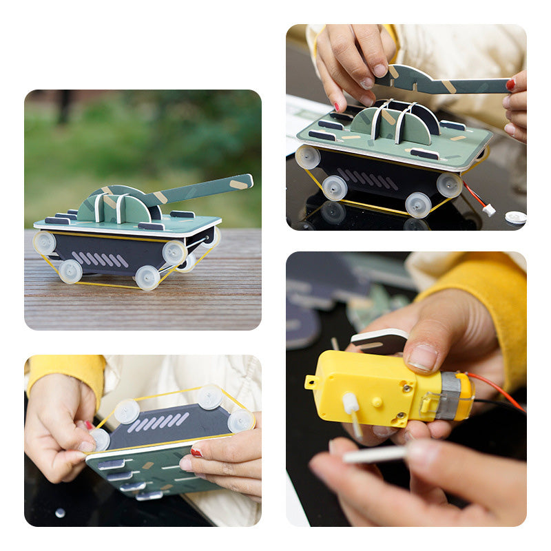 Assembled green and black cardboard DIY Tank Kit, a fun and educational STEM toy for children.