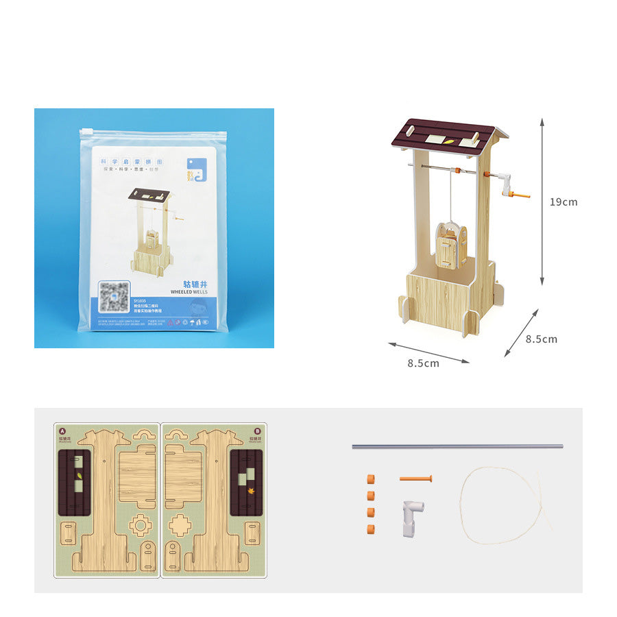 Unassembled components of the DIY Well Sweep Kit including wooden pieces and small parts.
