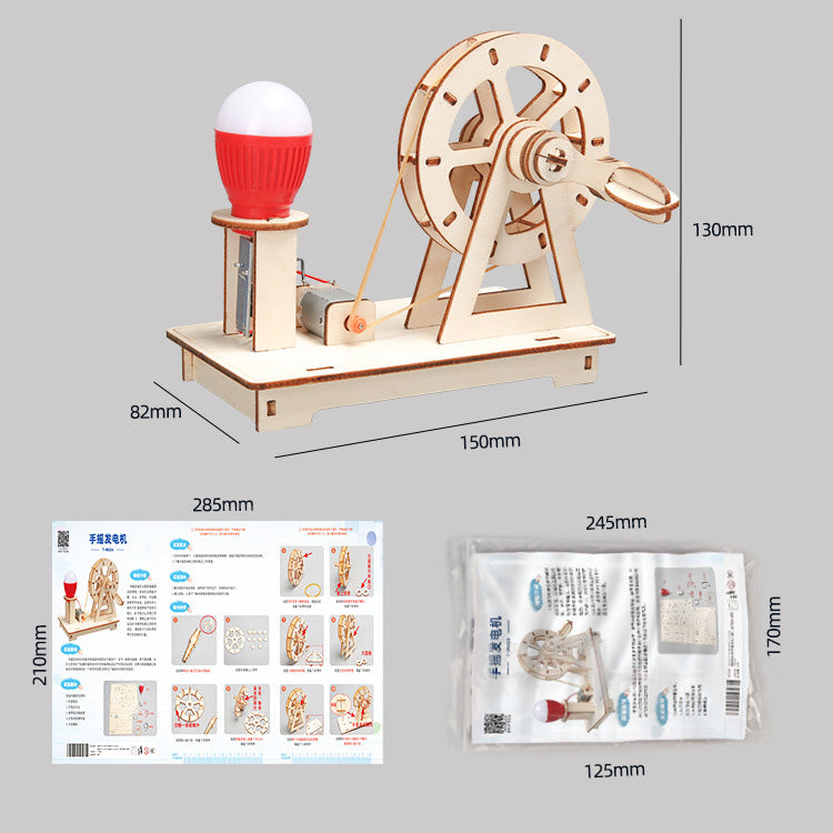 Unassembled wooden components of the DIY hand-cranked light generator.