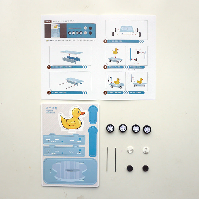 DIY Magnetic Skateboard Kit contents: cardboard, magnets, wheels, axles, instructions.