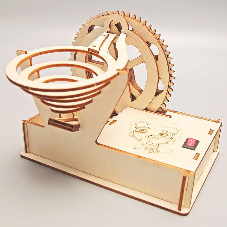 Close-up of the completed DIY Steel Ball Slide Kit, highlighting the intricate wooden tracks.
