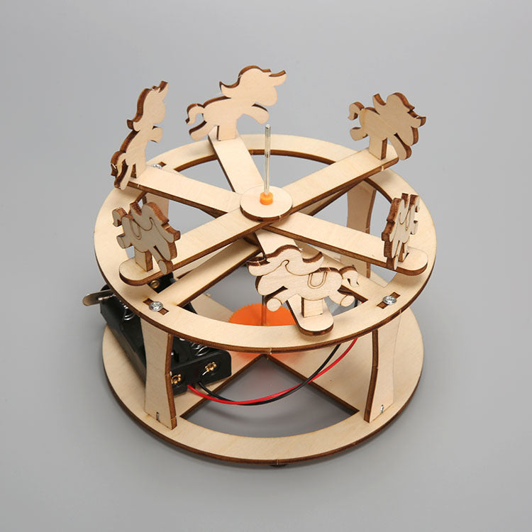 Assembled DIY Carousel Kit: A charming wooden merry-go-round with animal figures, ready to be built.