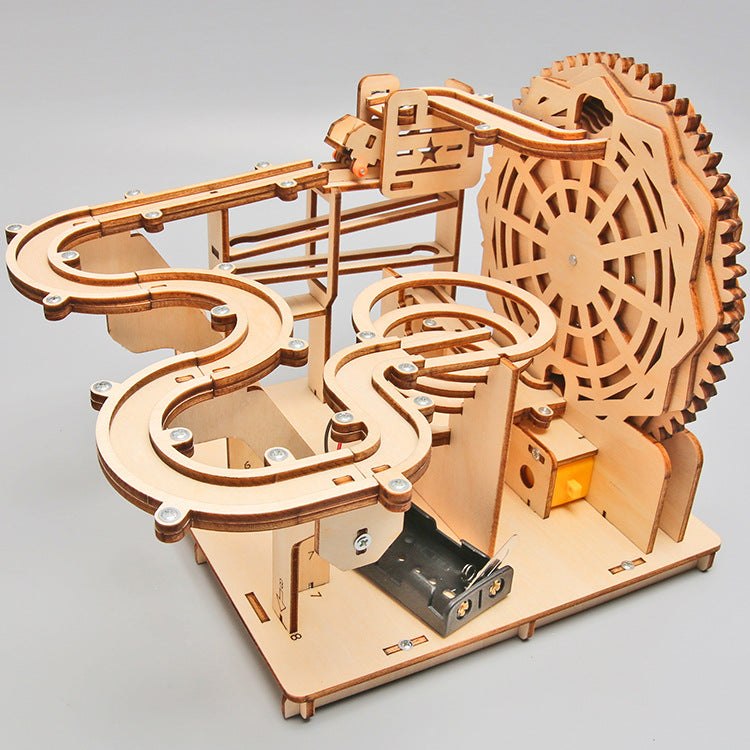 Assembled DIY Wooden Ball Track Kit showcasing the detailed marble run design.