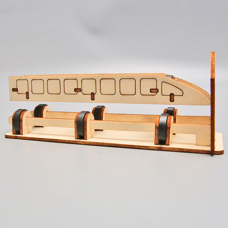 Three views of the completed DIY Maglev Train, highlighting the design and successful assembly.