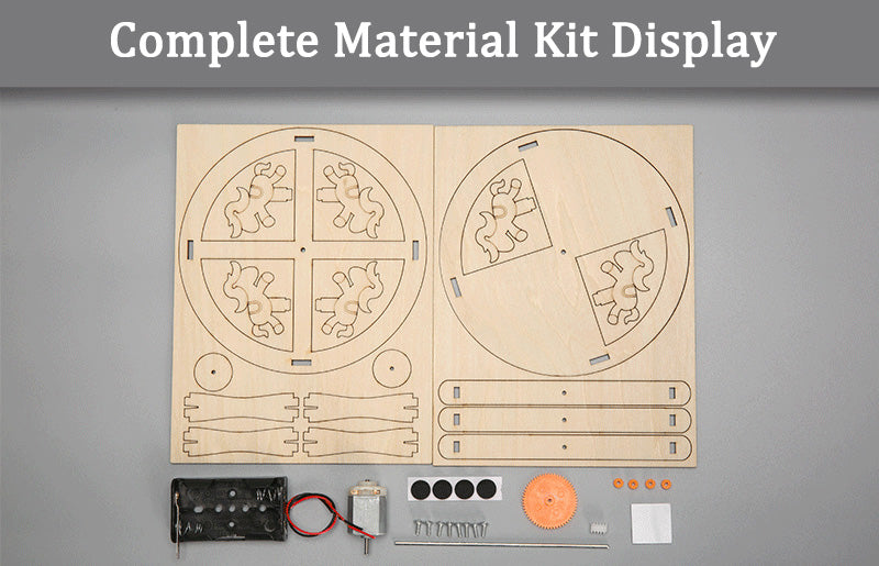 Complete DIY Carousel Kit: Laser-cut wood pieces, motor, battery pack, gears, and assembly hardware laid out.