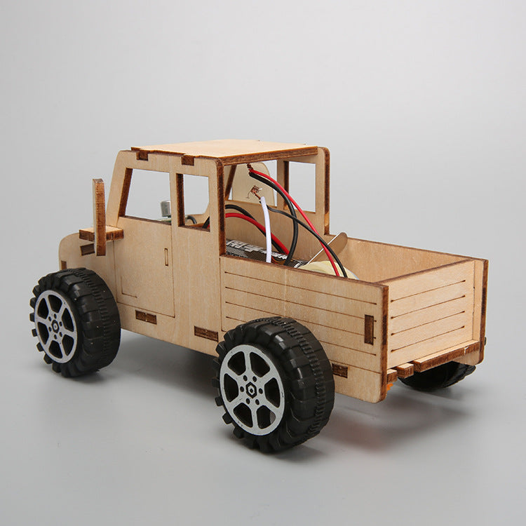 Close-up of Finished DIY Sound-Controlled Car - Educational Wooden Toy.