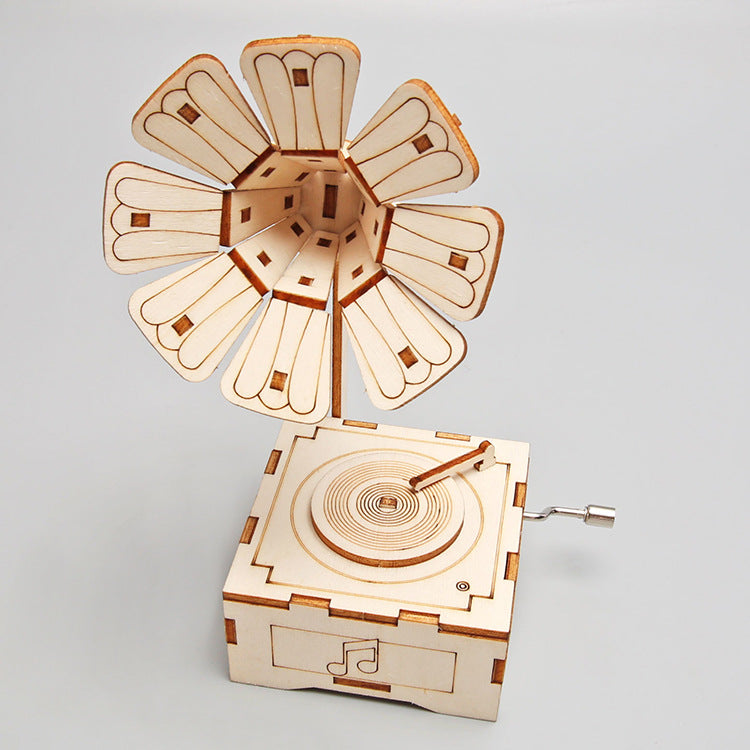 Close-up of the finished DIY wooden gramophone model, highlighting its intricate design.