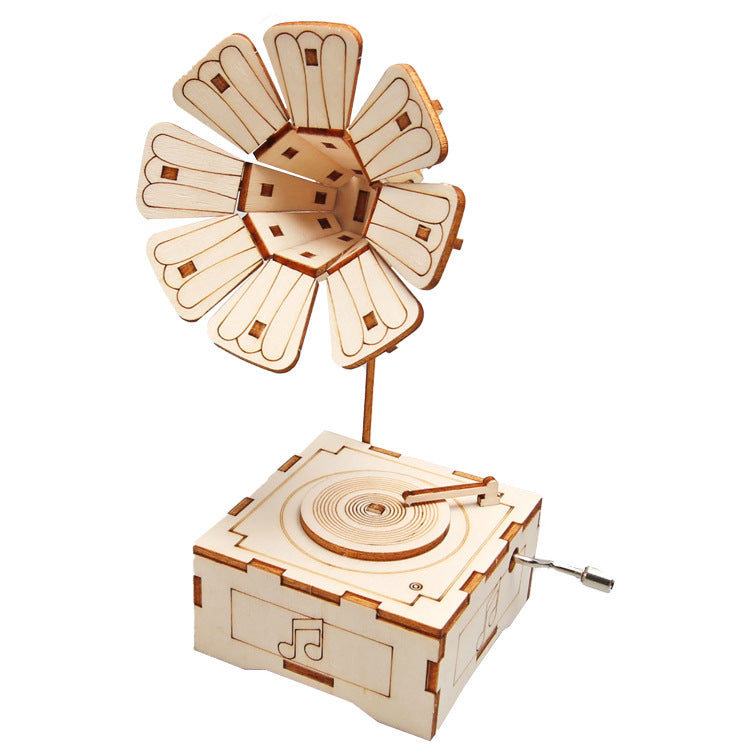 Three different angles of the completed DIY Gramophone Kit, showing its functionality and aesthetic.