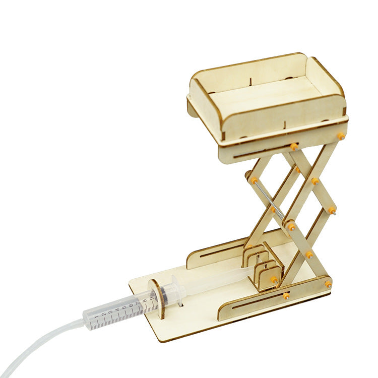 Educational DIY hydraulic lifting platform kit, a fun science project for young engineers and physics enthusiasts.