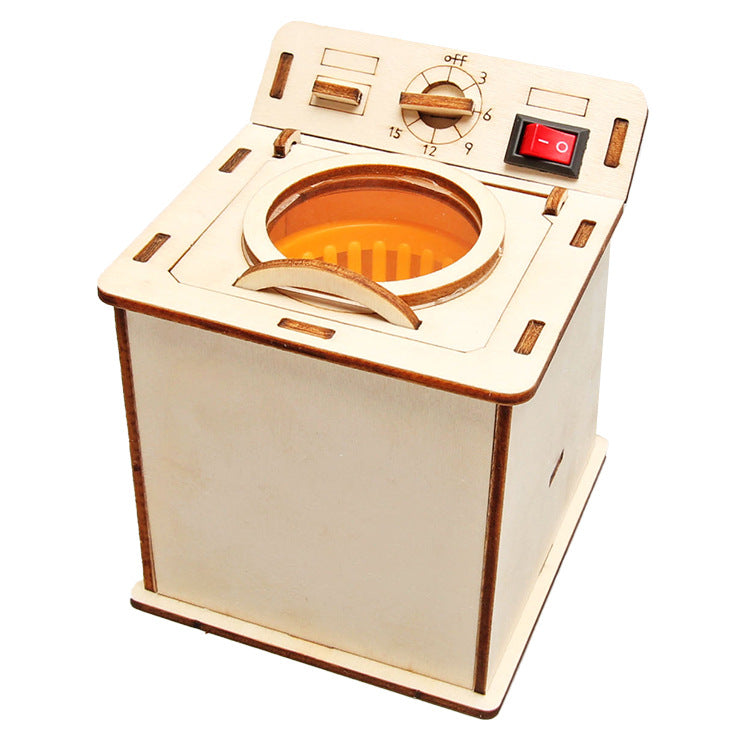 Side view of the assembled wooden Old-fashioned Washing Machine Kit.