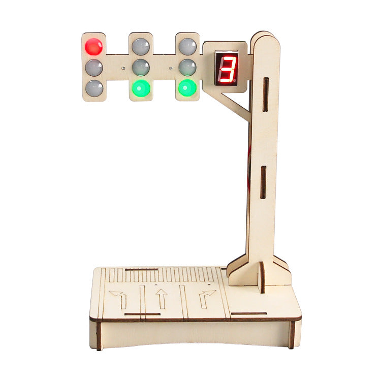 Assembled DIY Traffic Light Kit made of wood, featuring functioning LED lights and a digital display, against a clean background.
