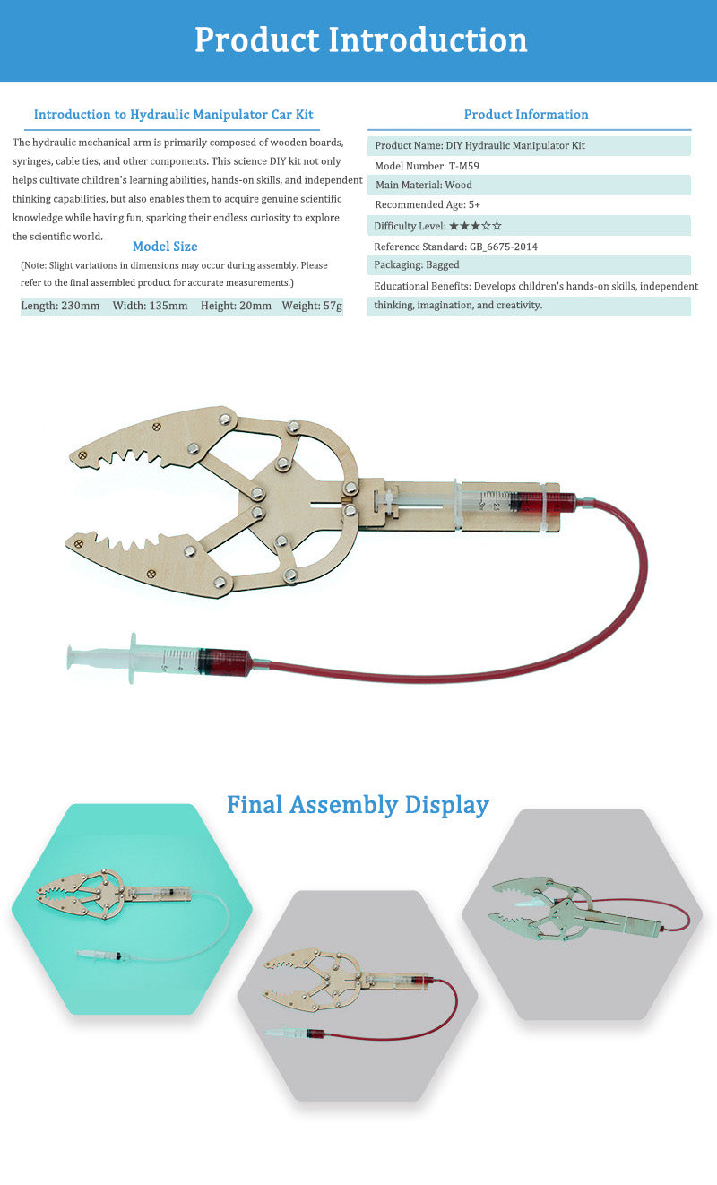 DIY Wooden Hydraulic Manipulator Kit for Kids | STEM Science Toy with Video Instructions – Ages 3+