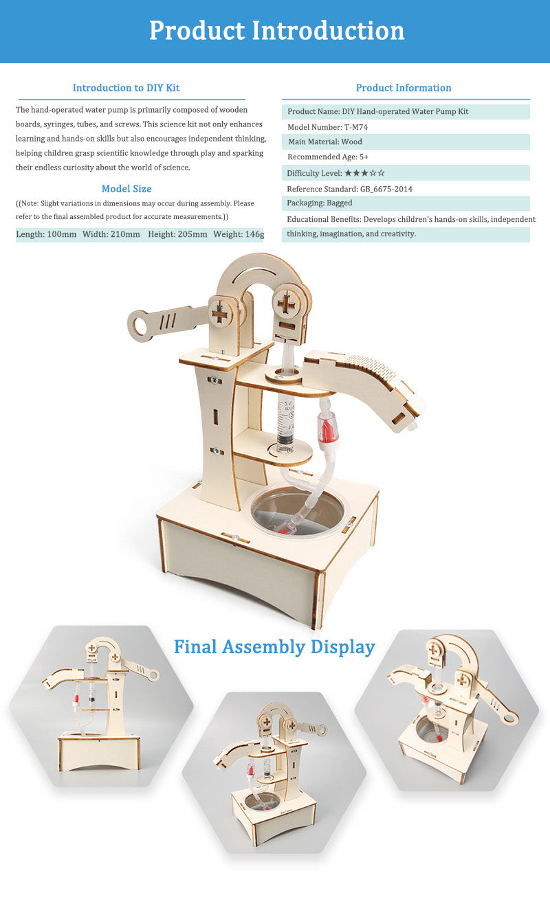 DIY Wooden Hand-operated Water Pump Kit for Kids | STEM Science Toy with Video Instructions – Ages 5+