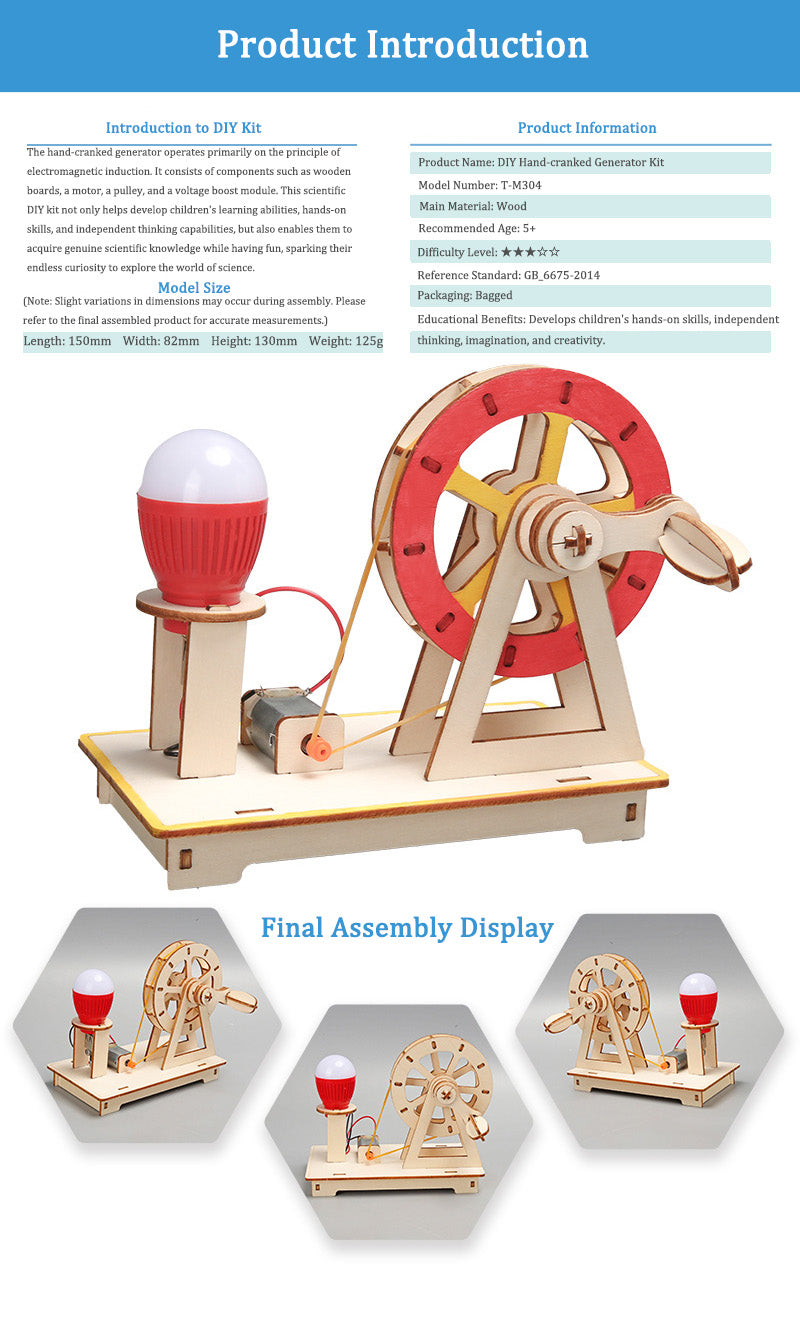 DIY Wooden Hand-cranked Generator Kit for Kids | STEM Science Toy with Video Instructions – Ages 5+