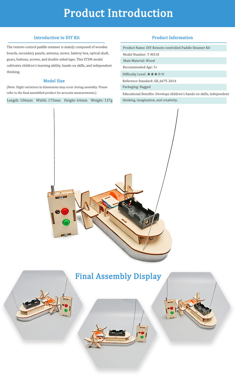 DIY Wooden Remote-controlled Paddle Steamer Kit for Kids | STEM Science Toy with Video Instructions – Ages 5+