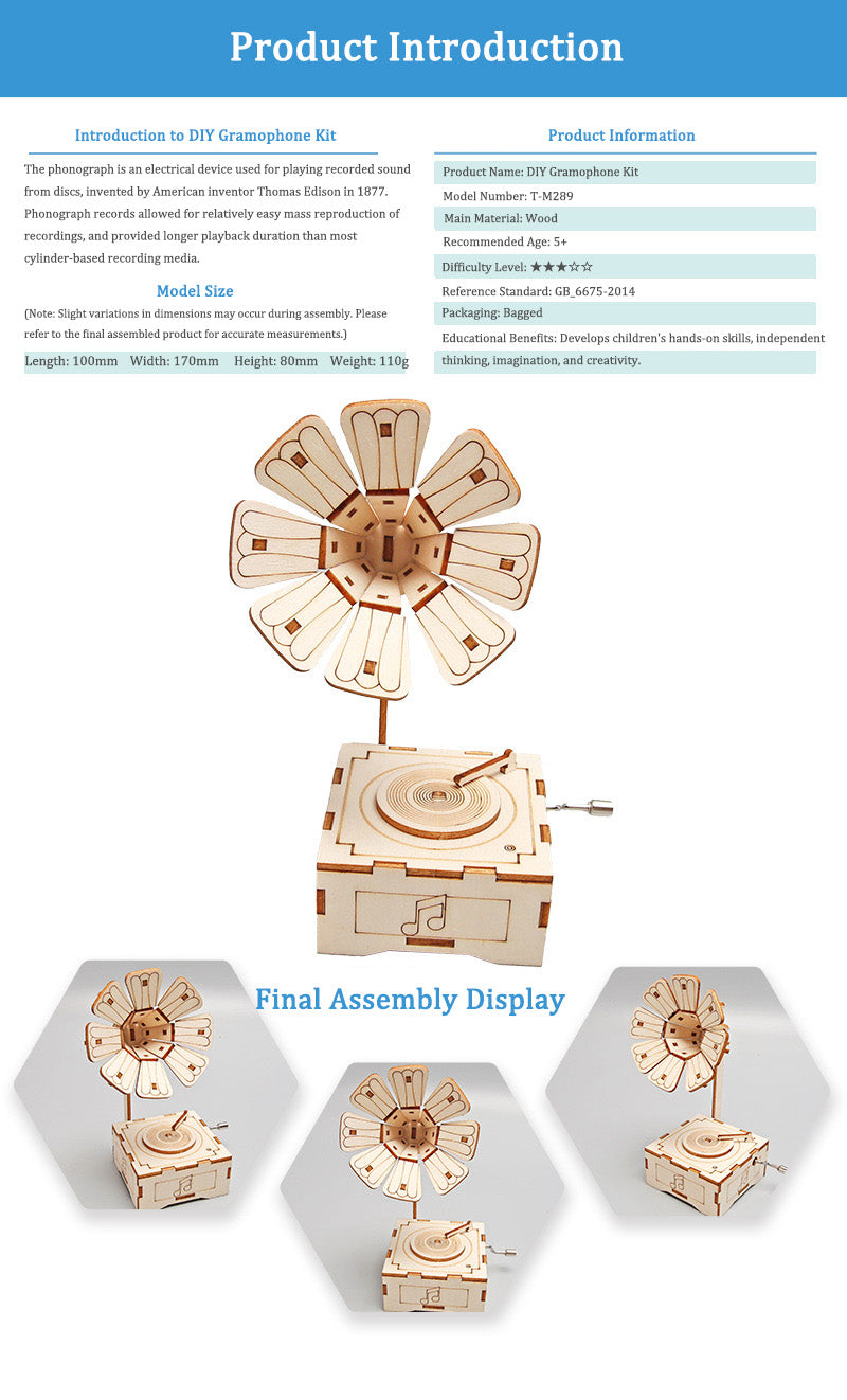 DIY Wooden Gramophone Kit for Kids | STEM Science Toy with Video Instructions – Ages 5+