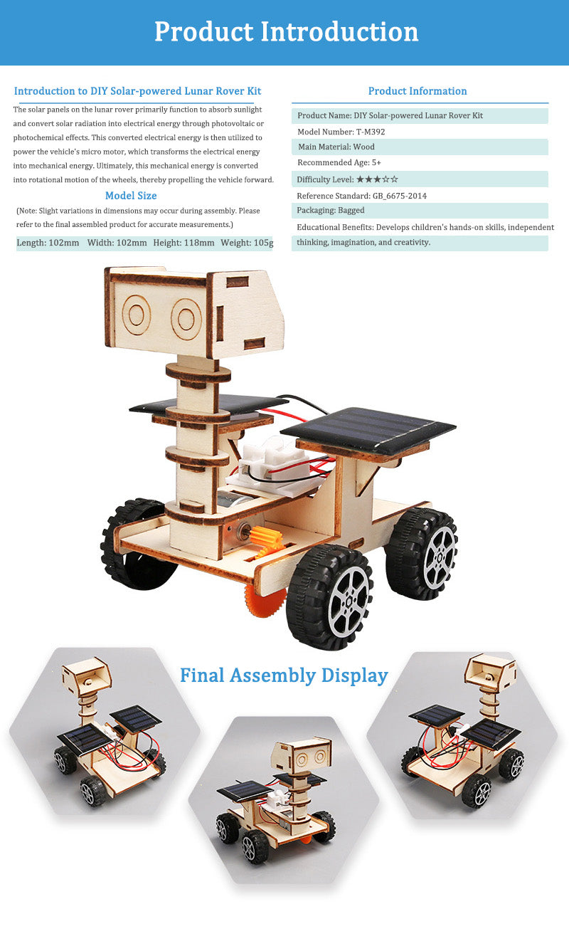 DIY Wooden Solar-powered Lunar Rover Kit for Kids | STEM Science Toy with Video Instructions – Ages 5+