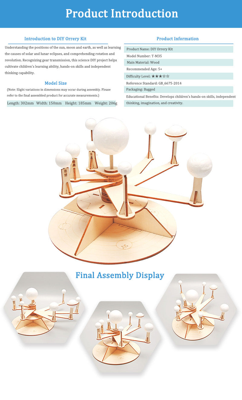 DIY Wooden Orrery Solar System Kit for Kids | STEM Science Toy with Video Instructions – Ages 5+