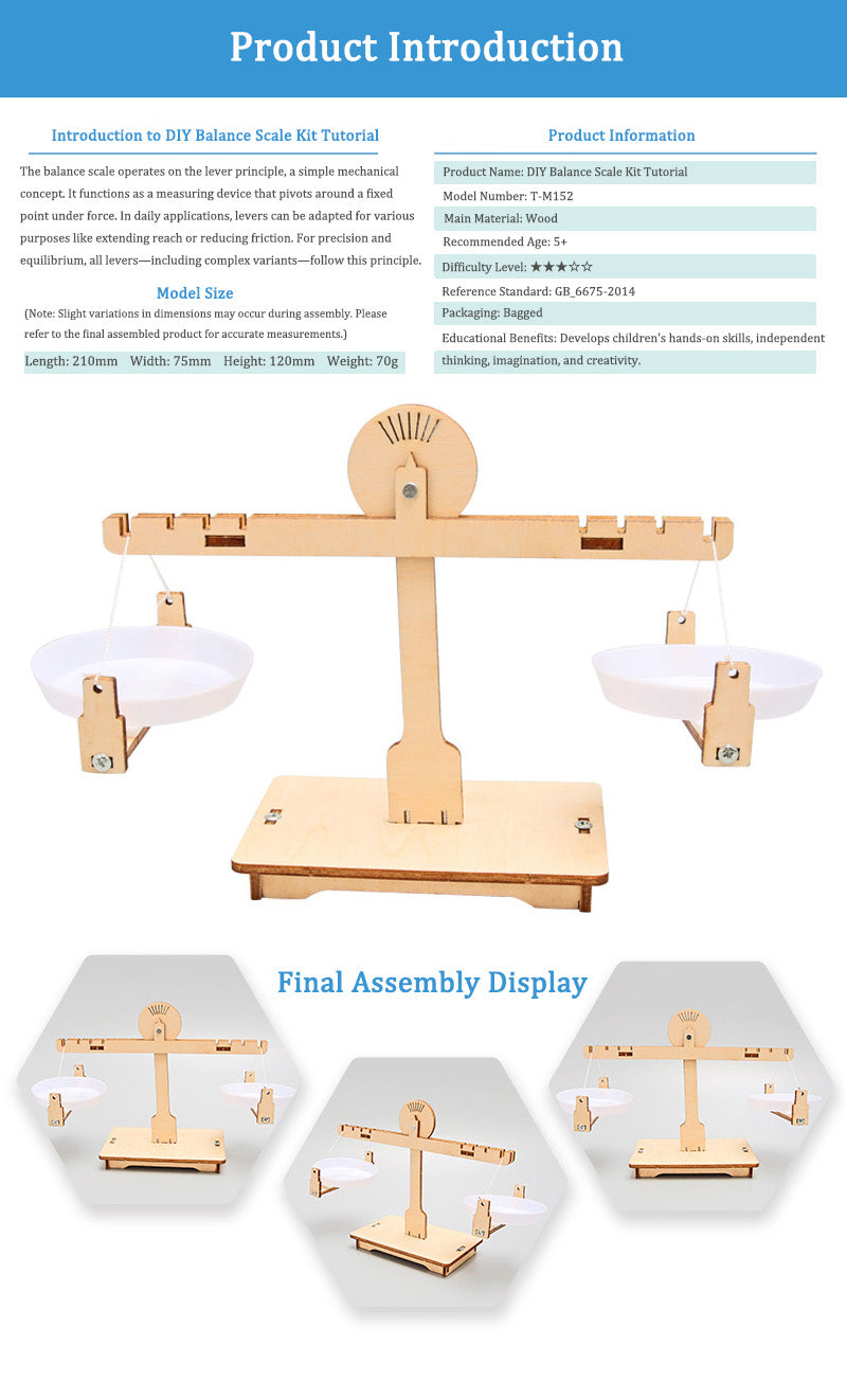 DIY Wooden Balance Scale Kit assembled, showing the educational toy for learning about levers and equilibrium, perfect for kids aged 3+