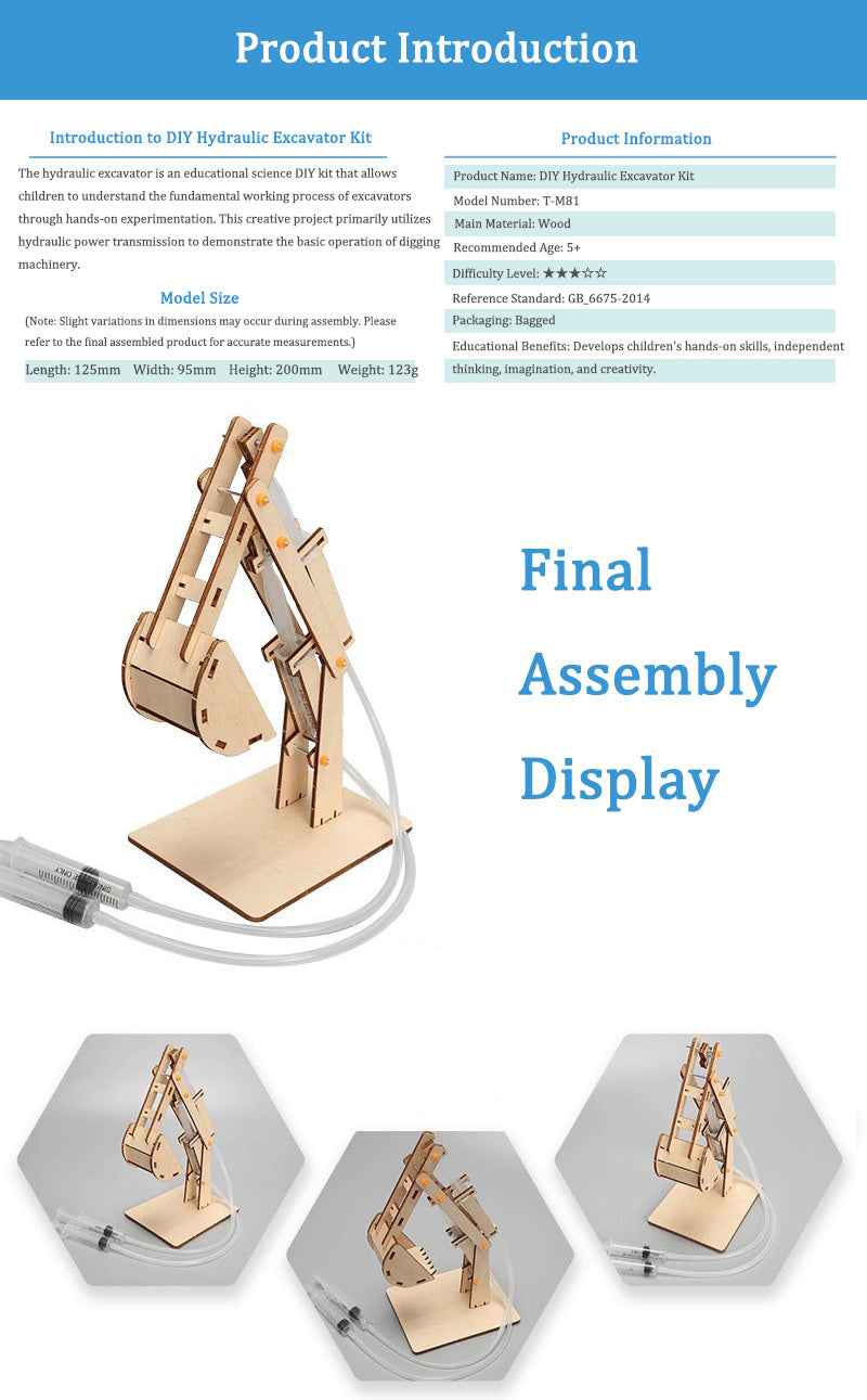 DIY Wooden Hydraulic Excavator Kit for Kids | STEM Science Toy with Video Instructions – Ages 5+