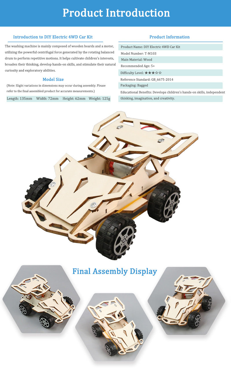 DIY Wooden Electric 4WD Car Kit for Kids | STEM Science Toy with Video Instructions – Ages 5+