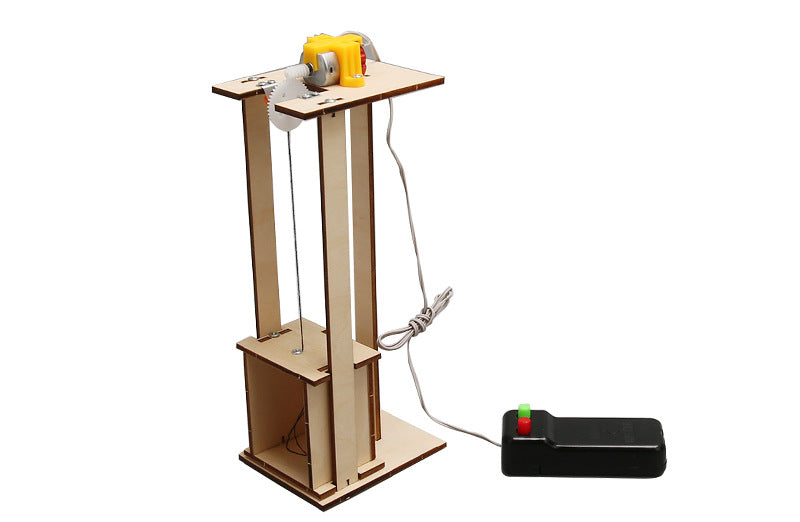 Completed DIY electric elevator kit showing dimensions, perfect for science projects and STEM education.
