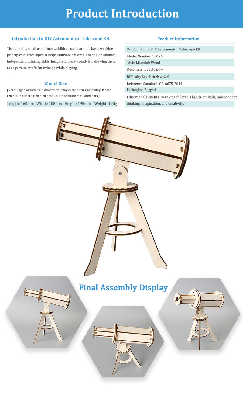 DIY Wooden Astronomical Telescope Kit for Kids | STEM Science Toy with Video Instructions – Ages 5+