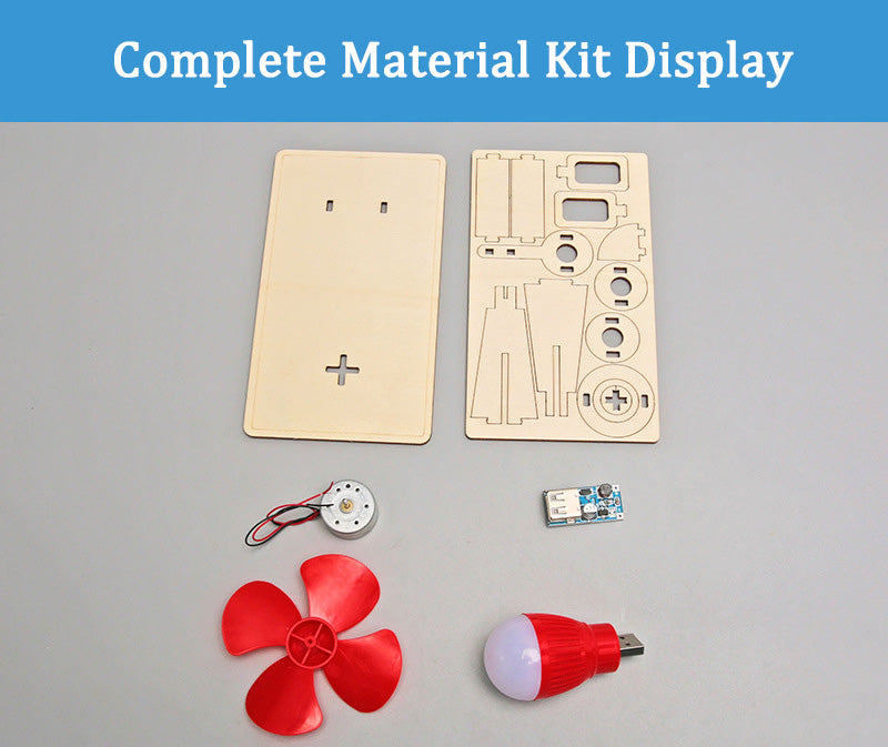 Complete components of the DIY Wind Turbine Kit: wooden parts, motor, boost module, red fan, and LED bulb.