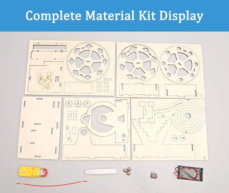 Complete material kit for the DIY Steel Ball Slide, including wooden pieces, motor, gears, battery case, and steel balls.