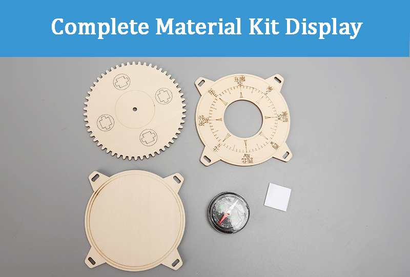 The complete material kit for a DIY wooden compass laid out: includes laser-cut wooden gear, marked compass base, bottom plate, a real compass, and a small magnet.