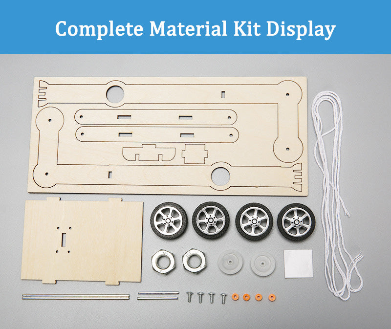 Complete wooden components, wheels, and hardware for DIY gravity car.