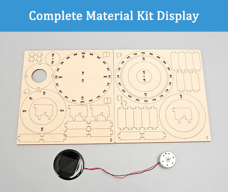 Components of the DIY Solar Double Ring Kit: laser-cut wood, solar panel, and motor.