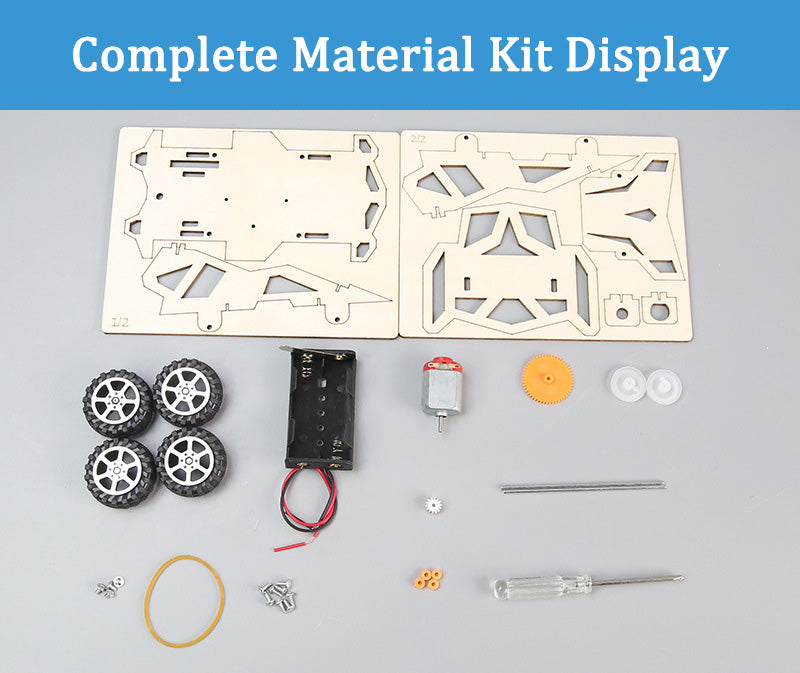Complete DIY Electric 4WD Car Kit materials display, including laser-cut wooden pieces, wheels, motor, and gears.