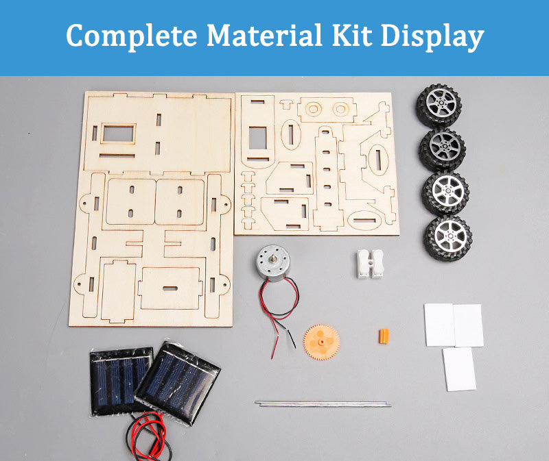 Complete DIY Solar Rover Kit: wooden pieces, solar panel, motor, wheels.