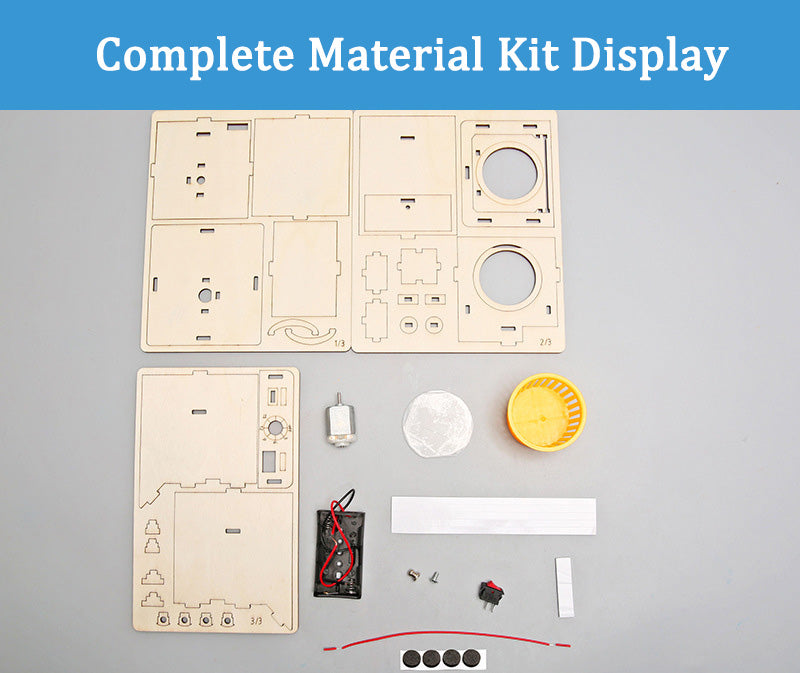 Laser-cut wooden pieces and rubber bands for the DIY Old-fashioned Washing Machine Kit.