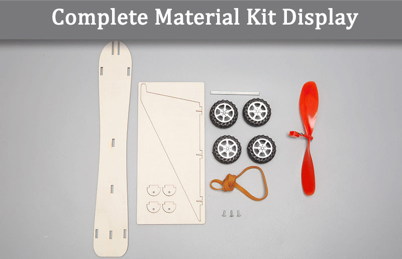 Complete DIY Rubber Band Powered Car Kit contents laid out: wooden parts, wheels, propeller, rubber bands, and screws.