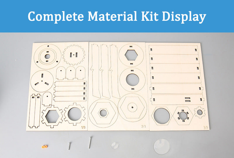 Complete material kit for the DIY Astronomical Telescope, including wooden parts and optical lens.