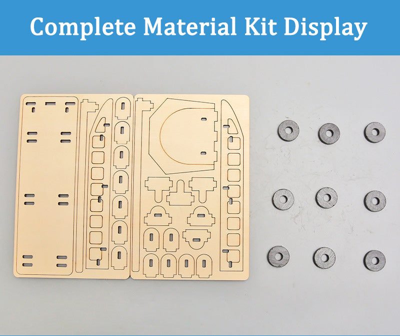 Complete DIY Maglev Train Kit components: laser-cut wooden pieces and round magnets for building.