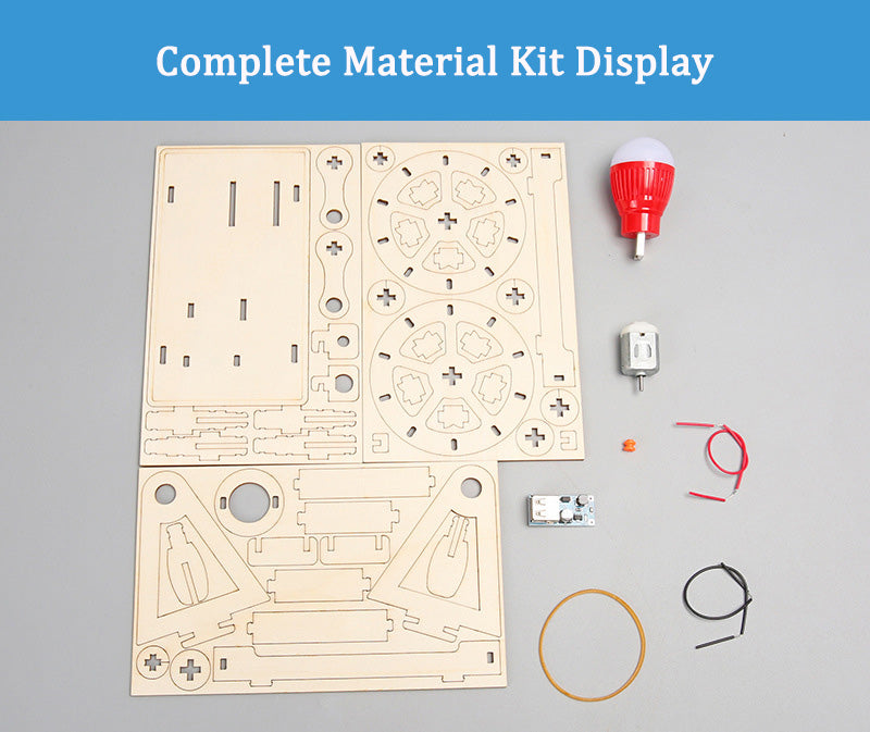 Complete material kit for the DIY Hand-cranked Generator, including wooden parts, motor, and LED.